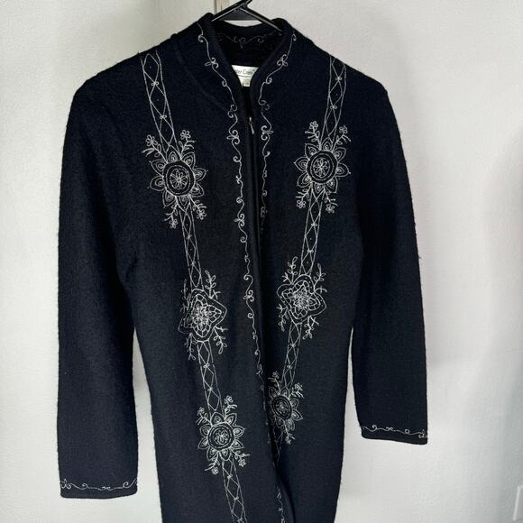 Wool Embroidered Zip Long Cardigan Sweater Black Fairycore Whimsigoth Size Small - Picture 4 of 8